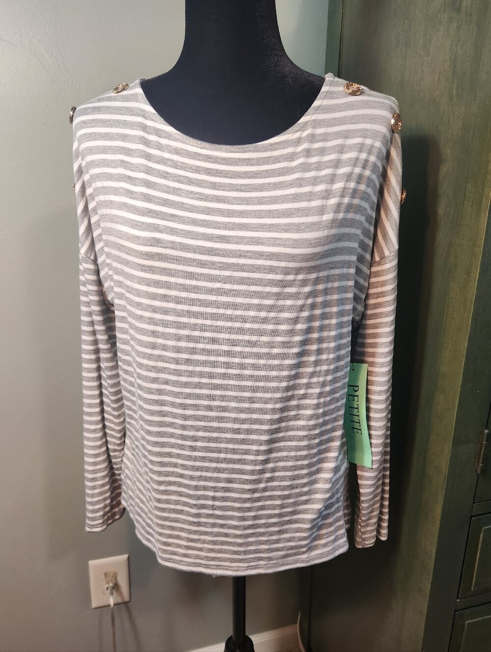 Striped Long-Sleeve Crewneck Top in Gray and White